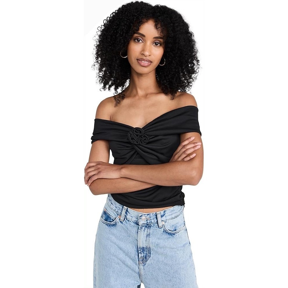WAYF Nordstrom black velvet off the shoulder ruched‎ top removable rosette pin